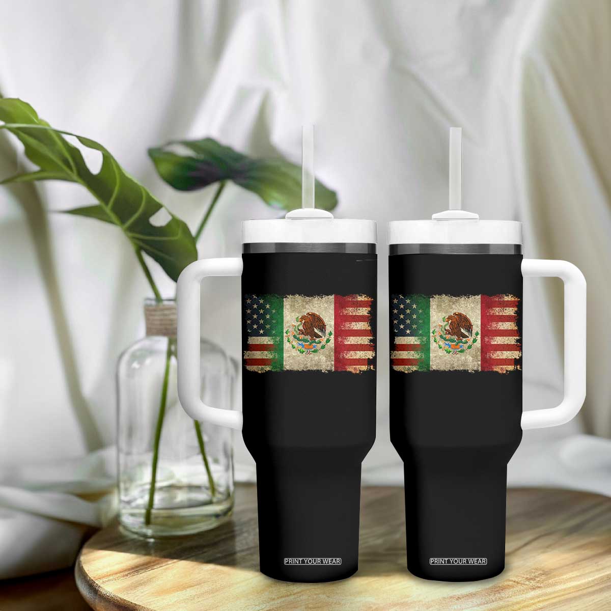 American Mexican Flag Tumbler With Handle Mexico Heritage Mexican Roots TS10 Print Your Wear