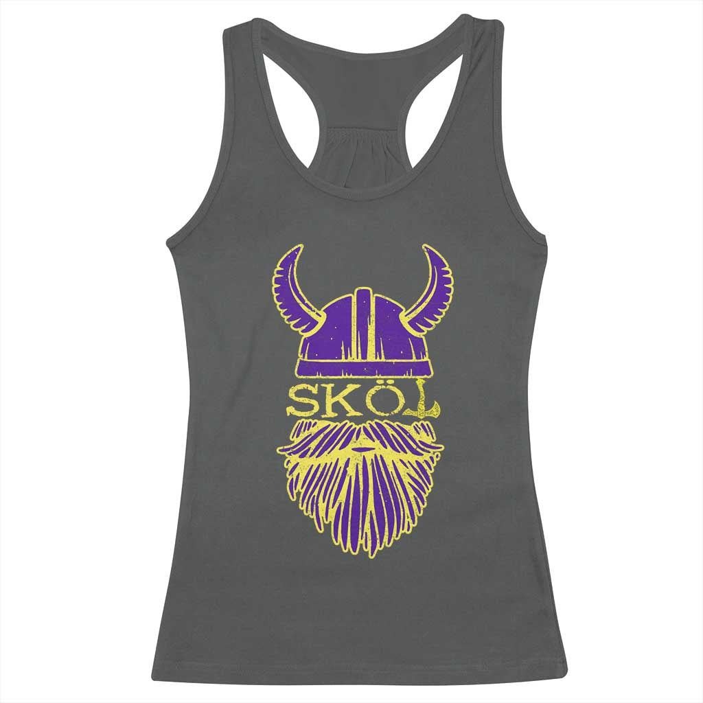 Skol Nordic Scandinavian Warrior Helmet Racerback Tank Top Retro Football Sports Fan MFV TS10 Dark Heather Print Your Wear