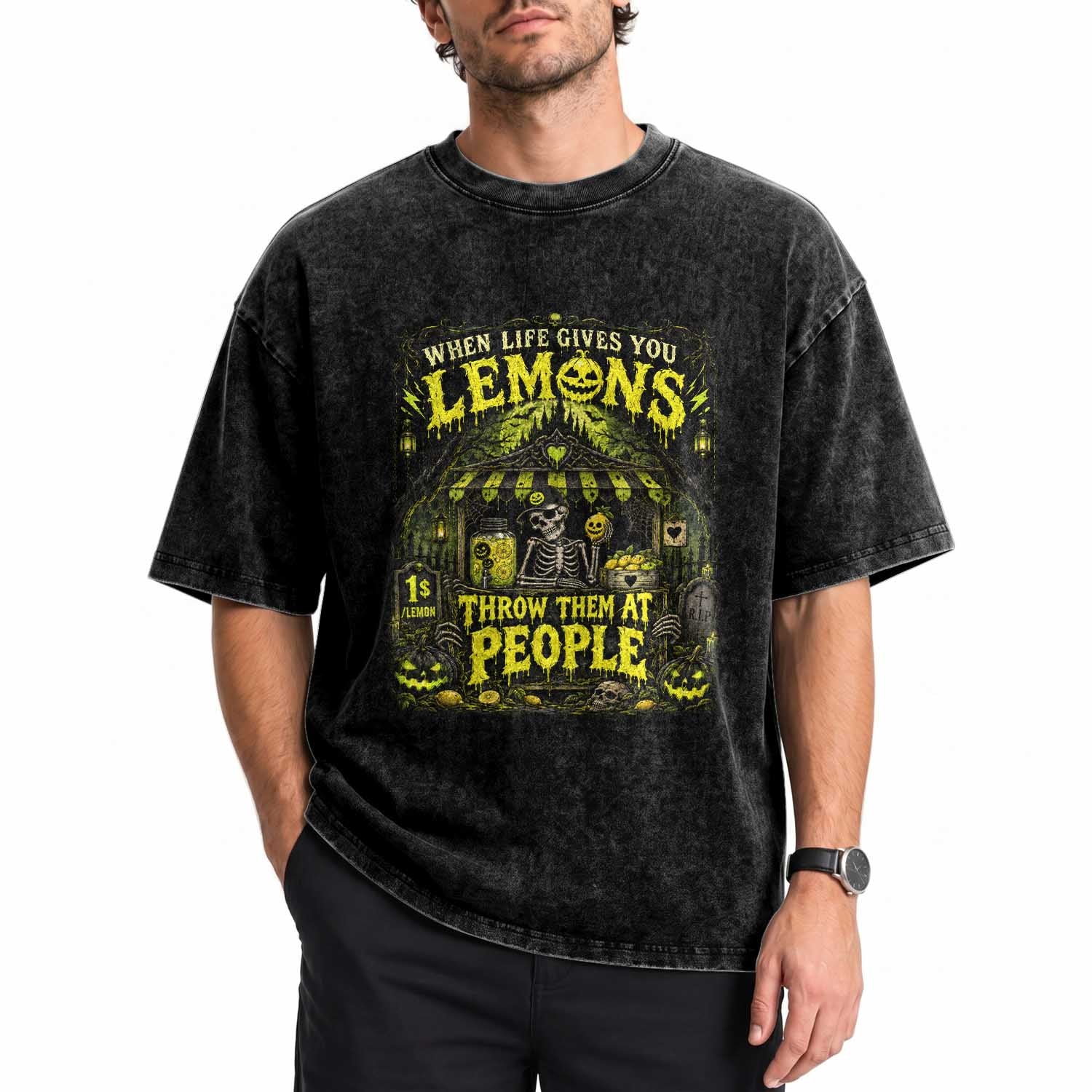 When Life Gives You Lemons Throw Them At People Washed Cotton T-Shirt Funny Skeleton Halloween Gothic Lemonade Graphic