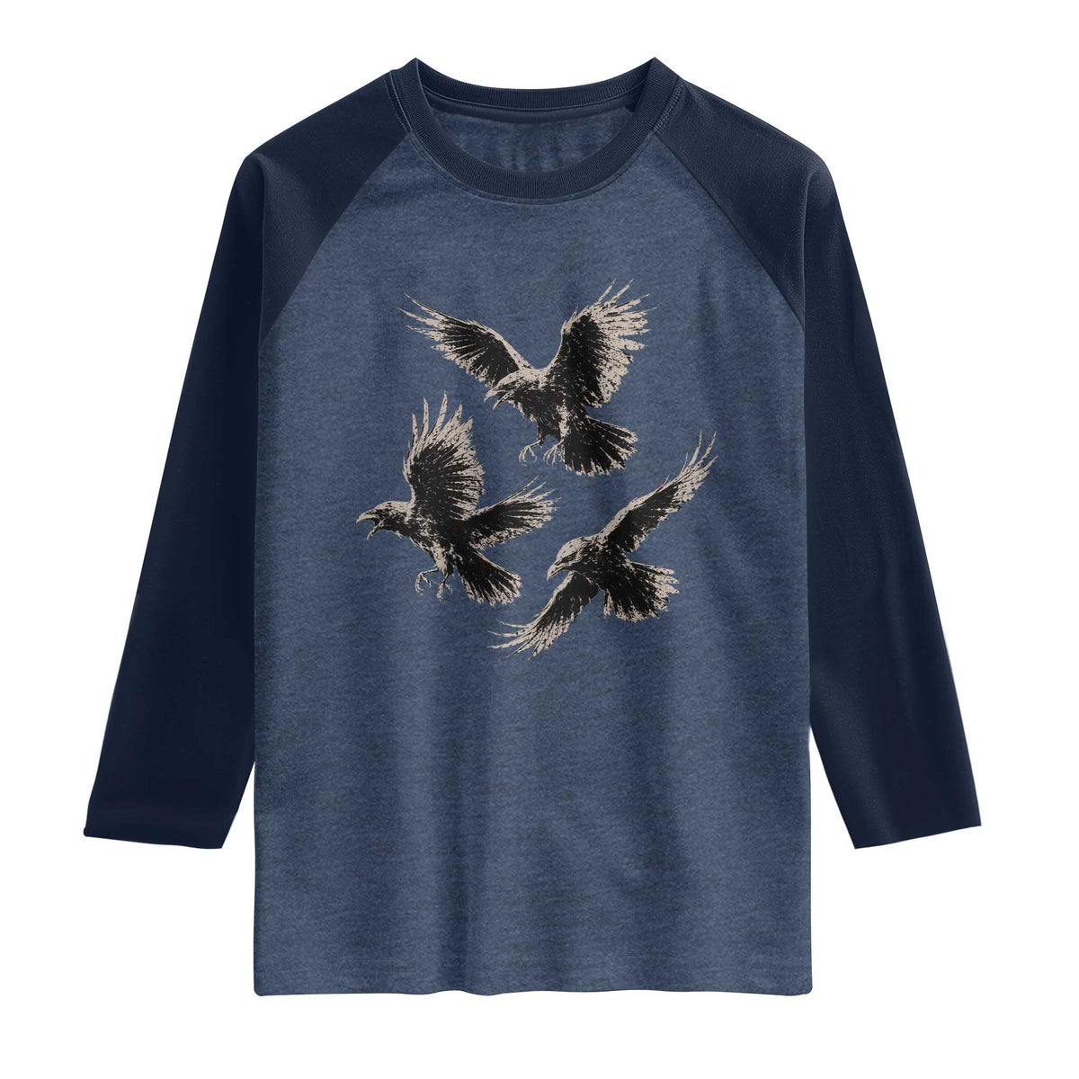 Flying Raven Crow Raglan Shirt Vintage Dark Academia Gothic Black Bird Graphic TS10 Heather Denim Navy Print Your Wear
