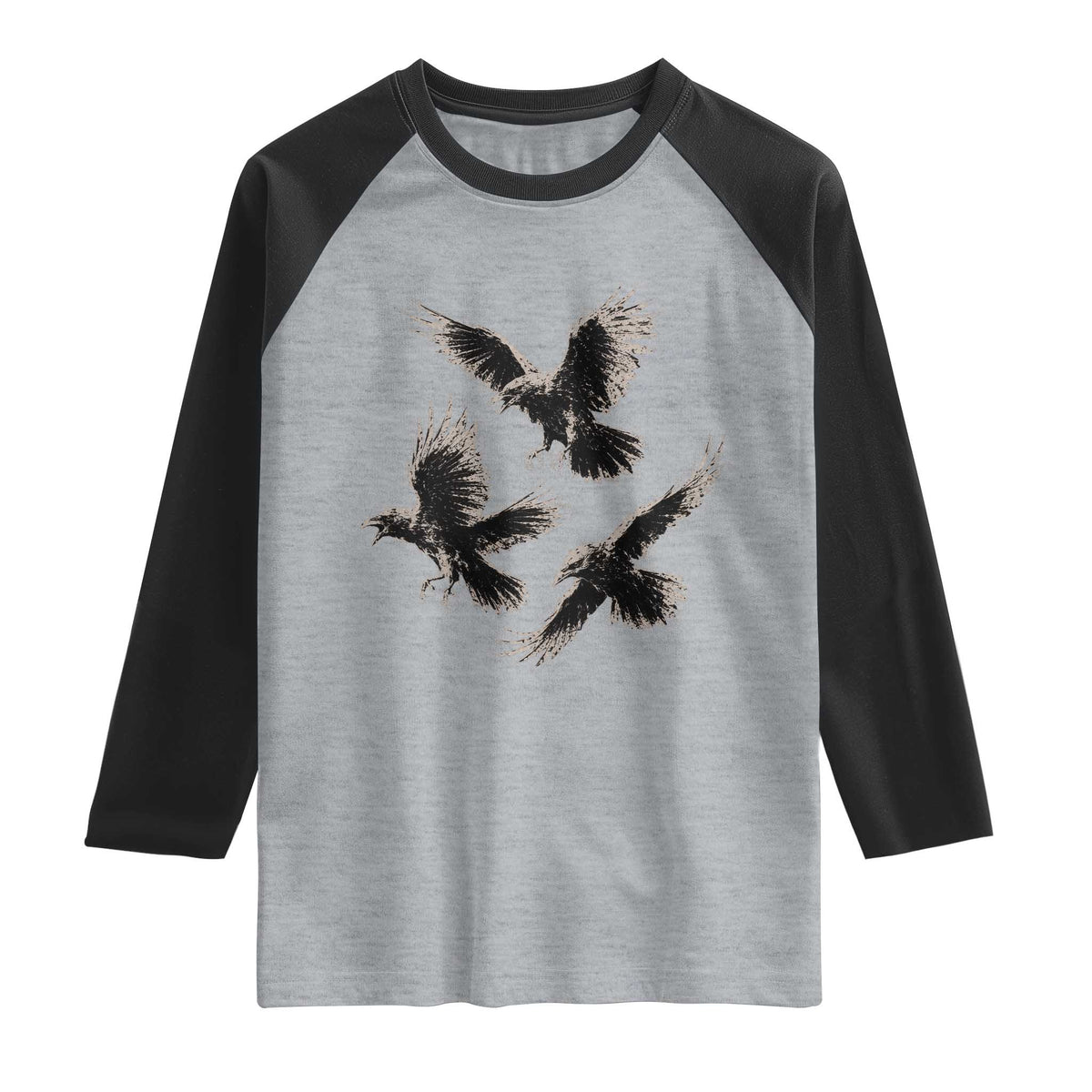 Flying Raven Crow Raglan Shirt Vintage Dark Academia Gothic Black Bird Graphic TS10 Heather Gray Black Print Your Wear