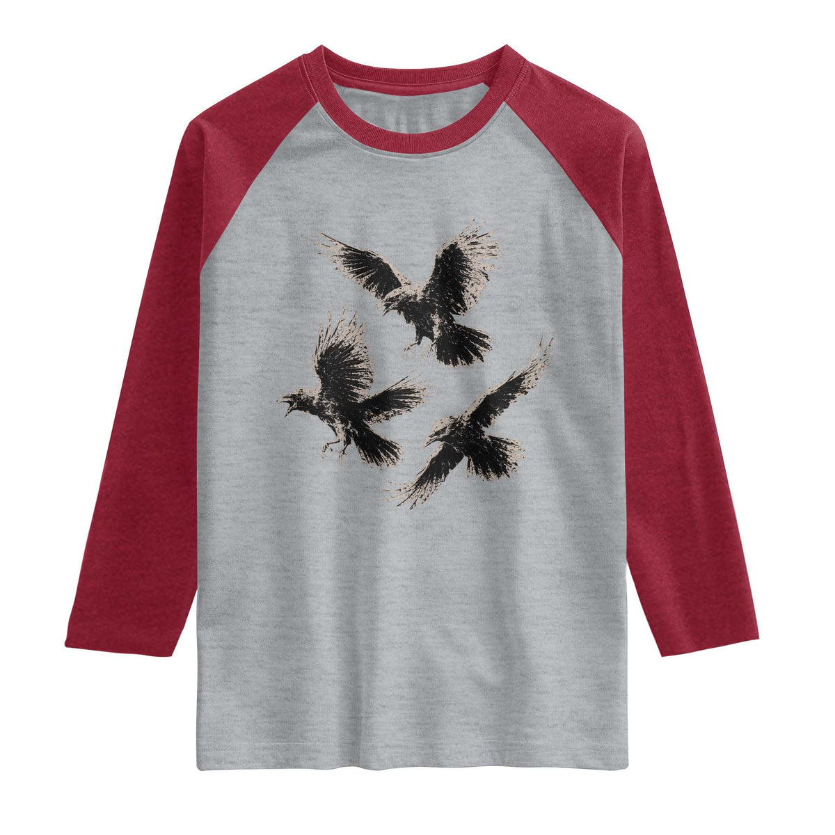 Flying Raven Crow Raglan Shirt Vintage Dark Academia Gothic Black Bird Graphic TS10 Heather Gray Heather Red Print Your Wear