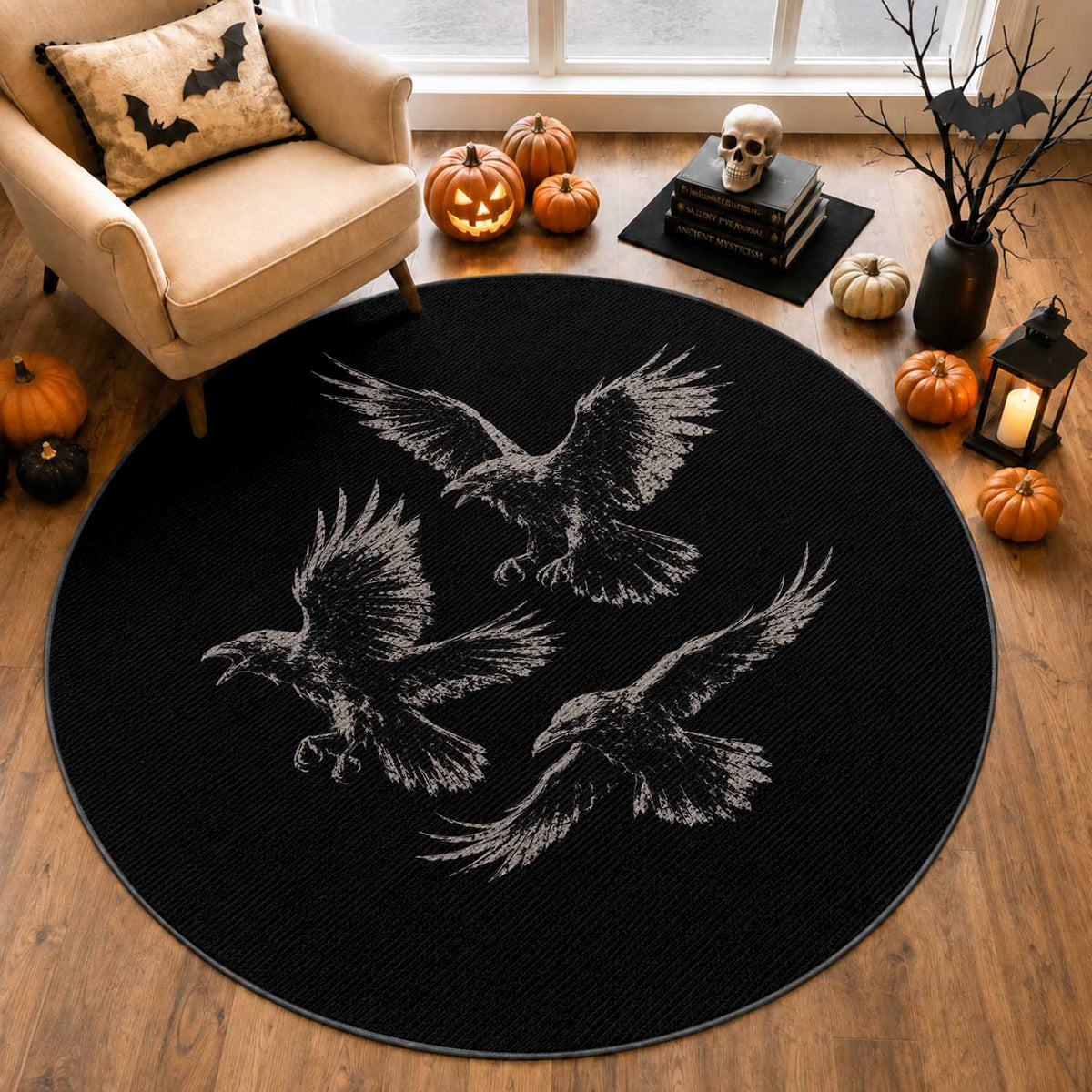 Flying Raven Crow Round Rug Vintage Dark Academia Gothic Black Bird Graphic