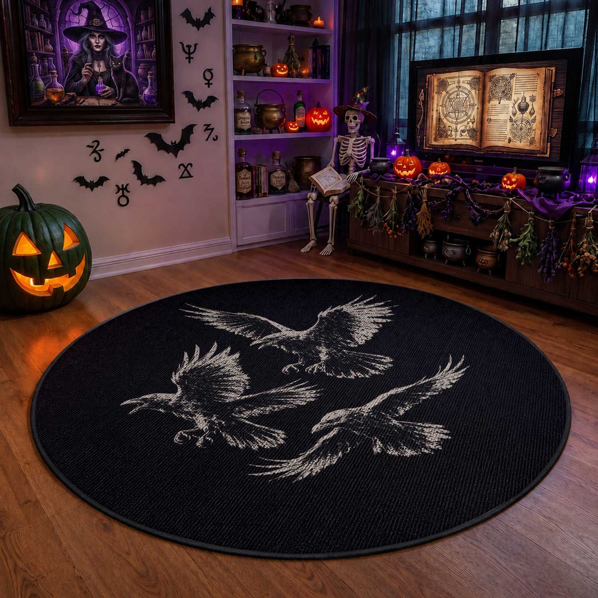 Flying Raven Crow Round Rug Vintage Dark Academia Gothic Black Bird Graphic