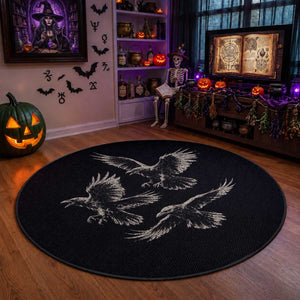 Flying Raven Crow Round Rug Vintage Dark Academia Gothic Black Bird Graphic