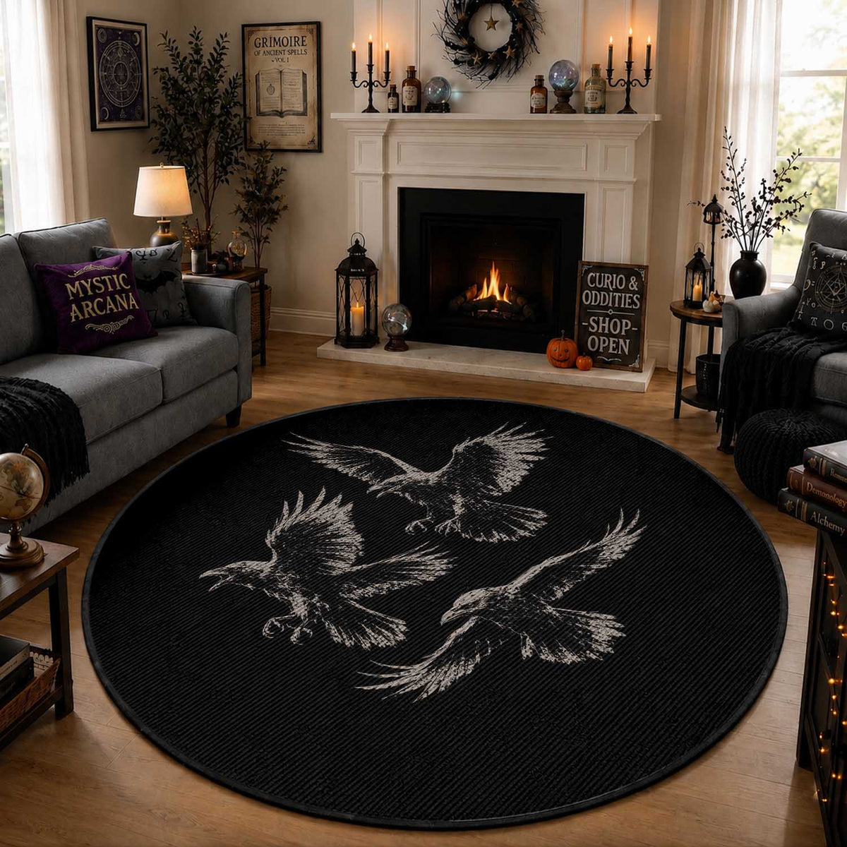 Flying Raven Crow Round Rug Vintage Dark Academia Gothic Black Bird Graphic