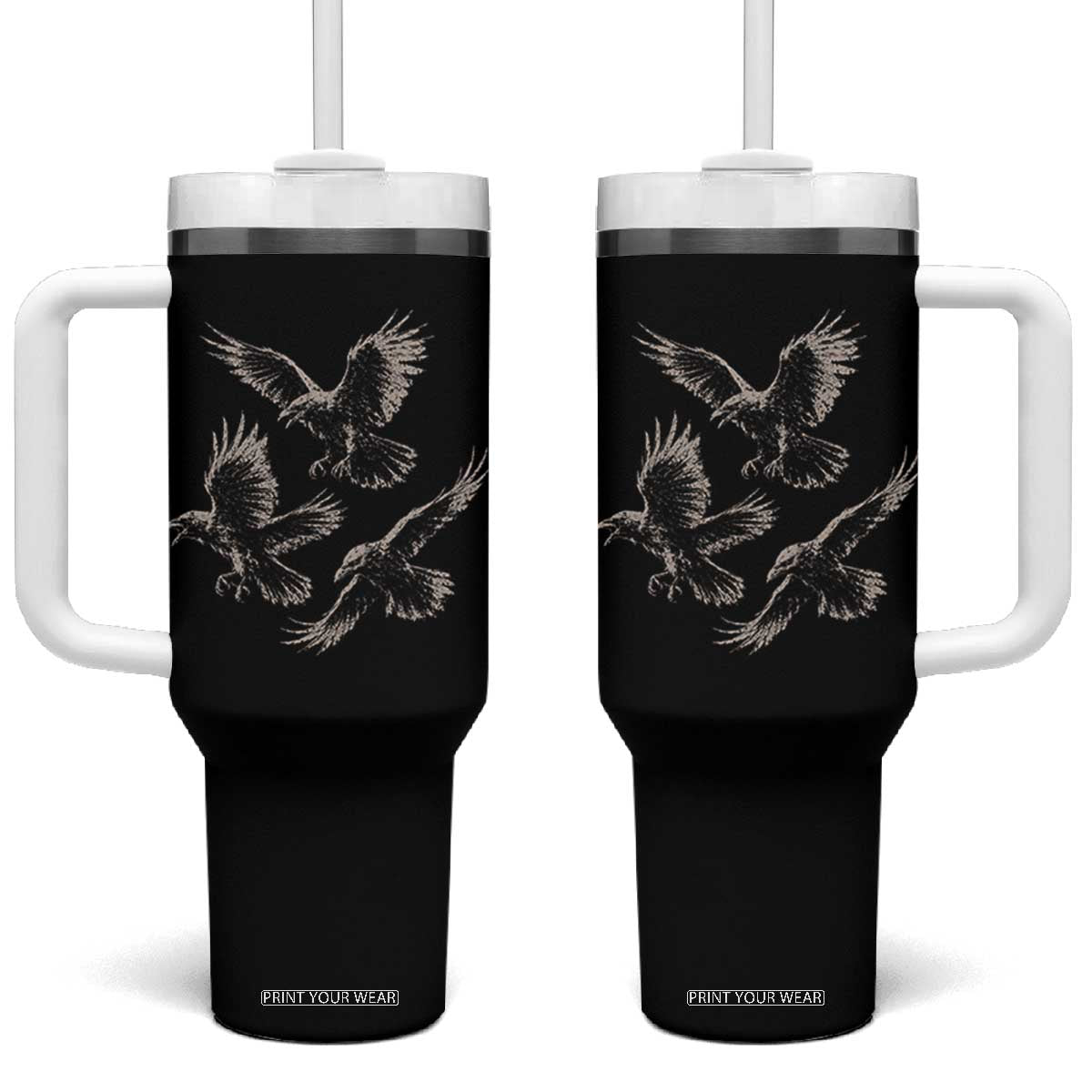 Flying Raven Crow Tumbler With Handle Vintage Dark Academia Gothic Black Bird Graphic TS10 One Size: 40 oz Black Print Your Wear