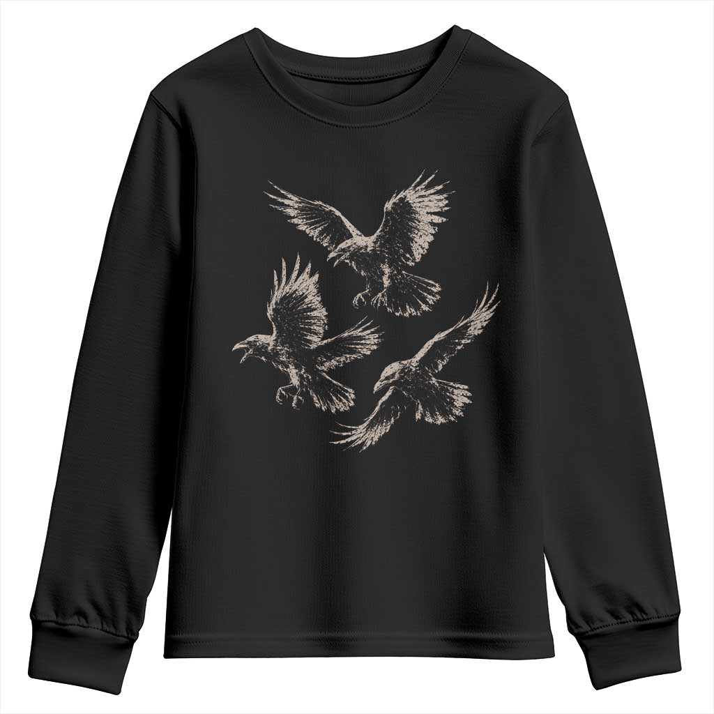 Flying Raven Crow Youth Sweatshirt Vintage Dark Academia Gothic Black Bird Graphic TS10 Black Print Your Wear