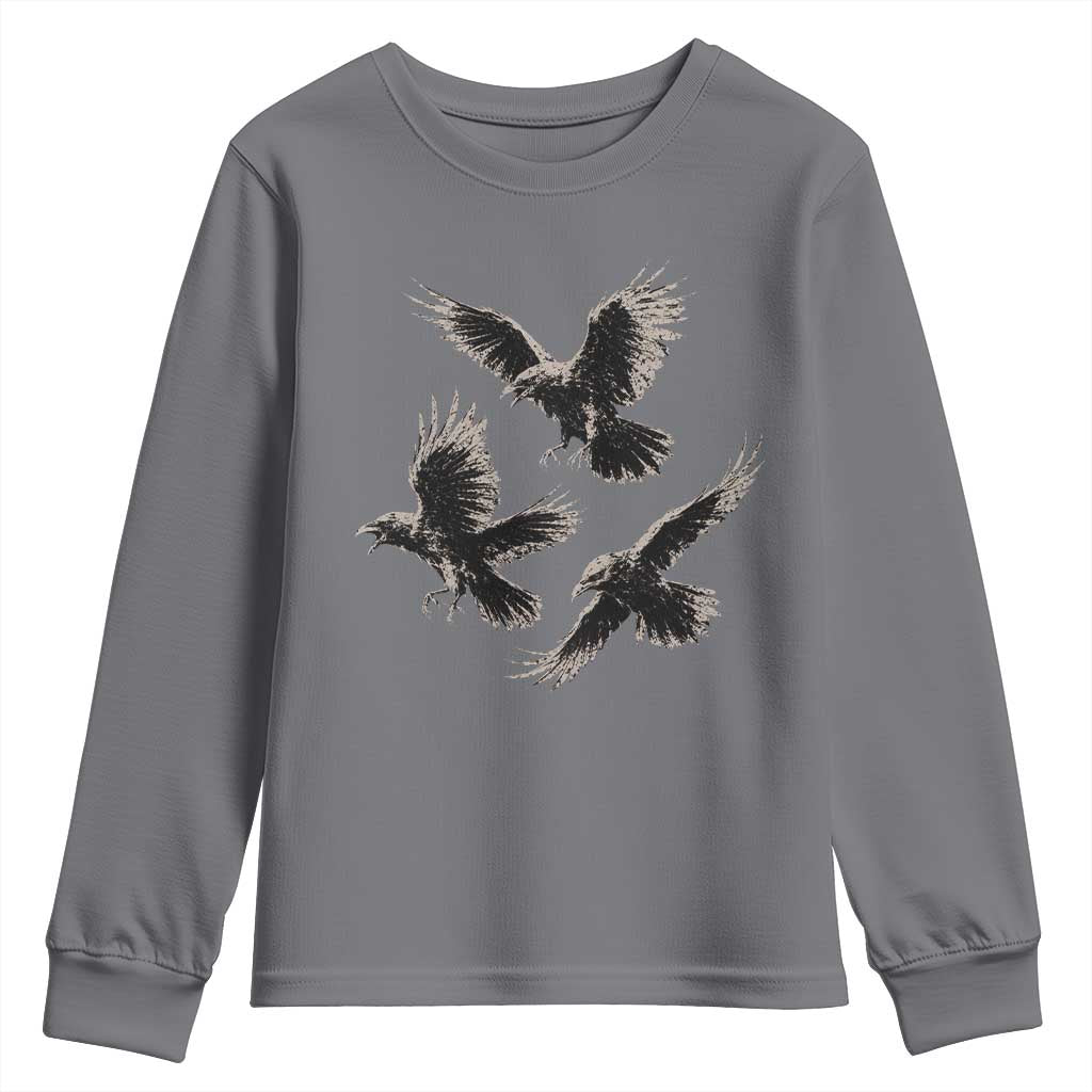 Flying Raven Crow Youth Sweatshirt Vintage Dark Academia Gothic Black Bird Graphic TS10 Charcoal Print Your Wear