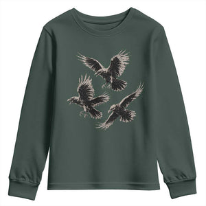 Flying Raven Crow Youth Sweatshirt Vintage Dark Academia Gothic Black Bird Graphic TS10 Dark Forest Green Print Your Wear