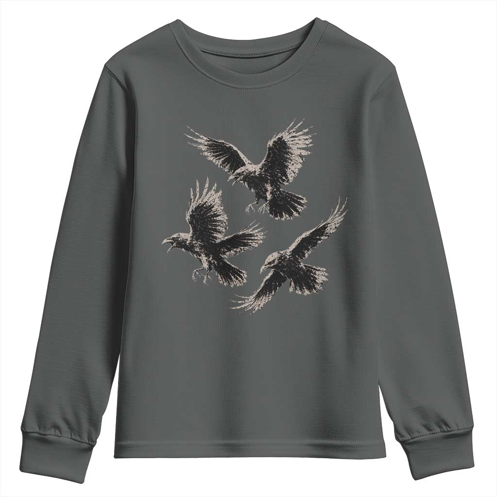 Flying Raven Crow Youth Sweatshirt Vintage Dark Academia Gothic Black Bird Graphic TS10 Dark Heather Print Your Wear