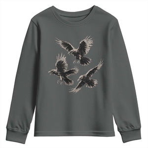 Flying Raven Crow Youth Sweatshirt Vintage Dark Academia Gothic Black Bird Graphic TS10 Dark Heather Print Your Wear