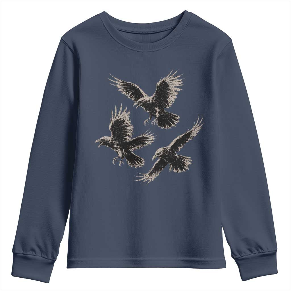 Flying Raven Crow Youth Sweatshirt Vintage Dark Academia Gothic Black Bird Graphic TS10 Navy Print Your Wear