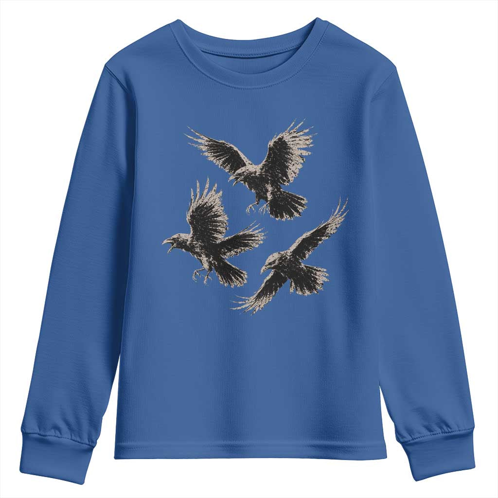 Flying Raven Crow Youth Sweatshirt Vintage Dark Academia Gothic Black Bird Graphic TS10 Royal Blue Print Your Wear