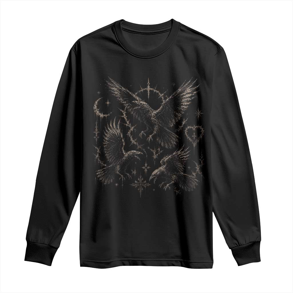Flying Raven Crow Long Sleeve Shirt Black Bird Gothic Occult Cyber Y2K Dark Academia Ravens Graphic TS10 Black Print Your Wear