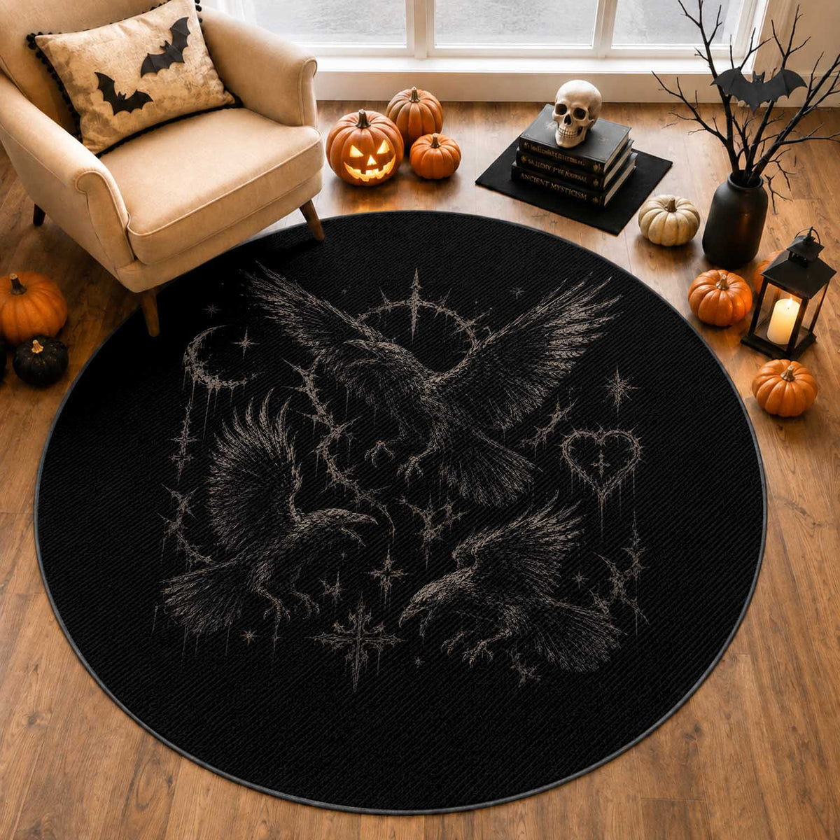 Flying Raven Crow Round Rug Black Bird Gothic Occult Cyber Y2K Dark Academia Ravens Graphic