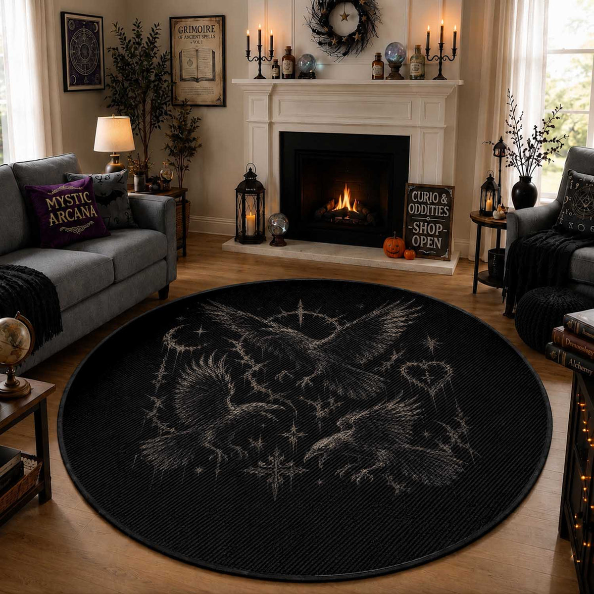 Flying Raven Crow Round Rug Black Bird Gothic Occult Cyber Y2K Dark Academia Ravens Graphic