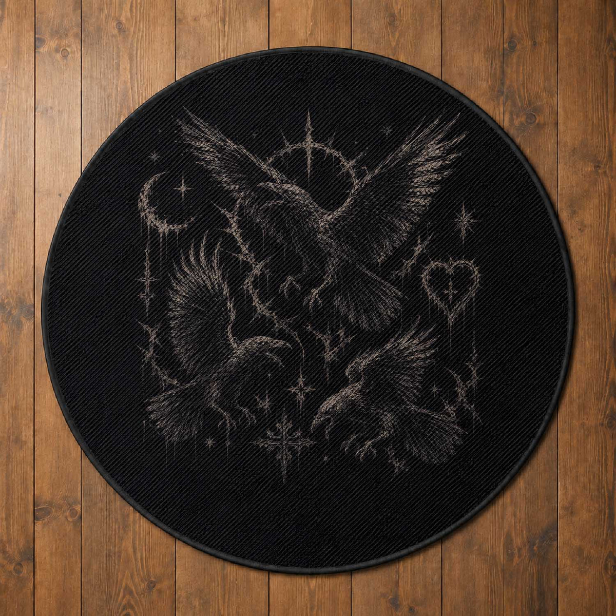 Flying Raven Crow Round Rug Black Bird Gothic Occult Cyber Y2K Dark Academia Ravens Graphic