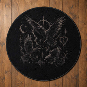 Flying Raven Crow Round Rug Black Bird Gothic Occult Cyber Y2K Dark Academia Ravens Graphic