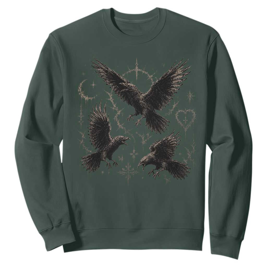 Flying Raven Crow Sweatshirt Black Bird Gothic Occult Cyber Y2K Dark Academia Ravens Graphic TS10 Dark Forest Green Print Your Wear