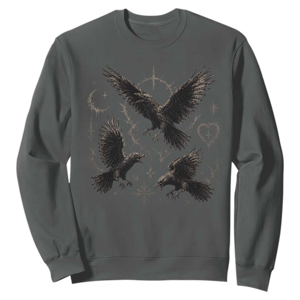 Flying Raven Crow Sweatshirt Black Bird Gothic Occult Cyber Y2K Dark Academia Ravens Graphic TS10 Dark Heather Print Your Wear