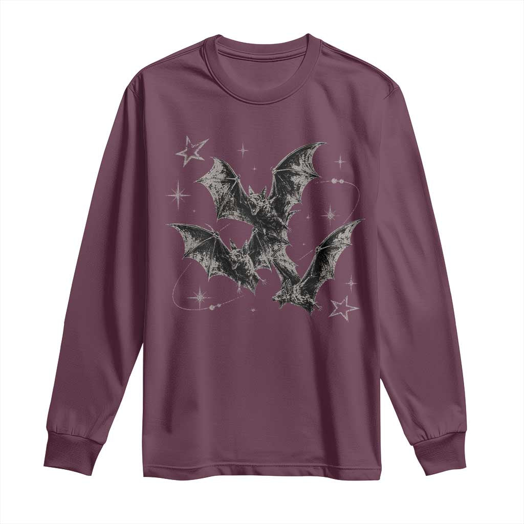 Three Bats Y2k Long Sleeve Shirt Vintage 90s Style Bat Gothic Occult Halloween Bat Graphic TS10 Maroon Print Your Wear