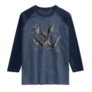 Three Bats Y2k Raglan Shirt Vintage 90s Style Bat Gothic Occult Halloween Bat Graphic TS10 Heather Denim Navy Print Your Wear