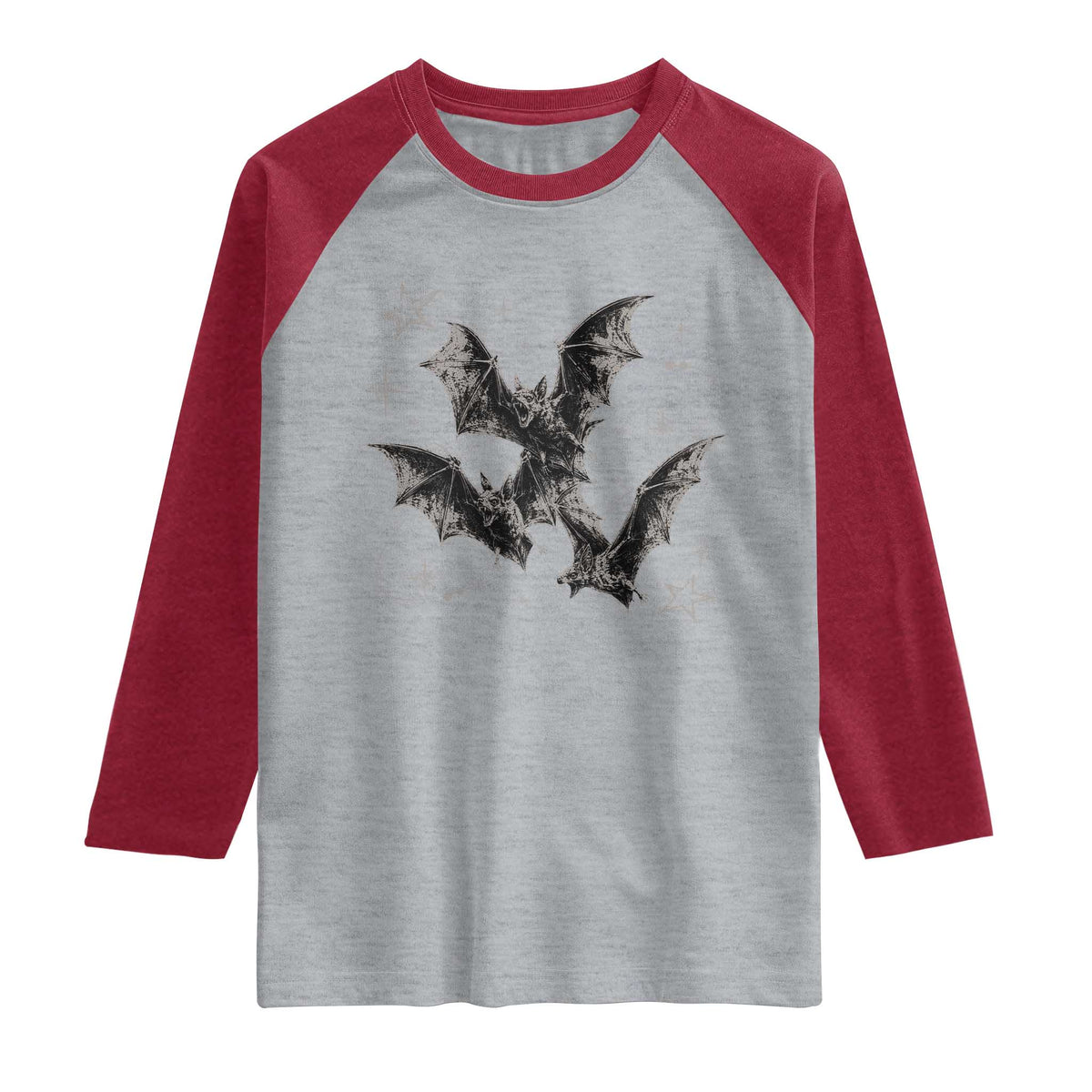 Three Bats Y2k Raglan Shirt Vintage 90s Style Bat Gothic Occult Halloween Bat Graphic TS10 Heather Gray Heather Red Print Your Wear