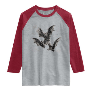 Three Bats Y2k Raglan Shirt Vintage 90s Style Bat Gothic Occult Halloween Bat Graphic TS10 Heather Gray Heather Red Print Your Wear