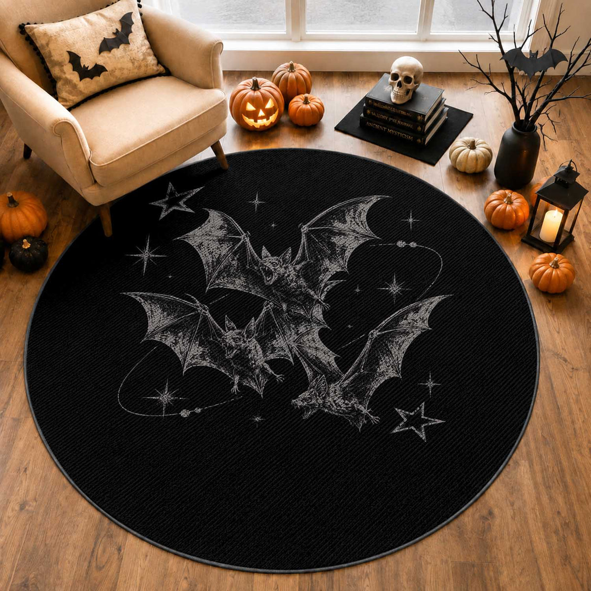 Three Bats Y2k Round Rug Vintage 90s Style Bat Gothic Occult Halloween Bat Graphic