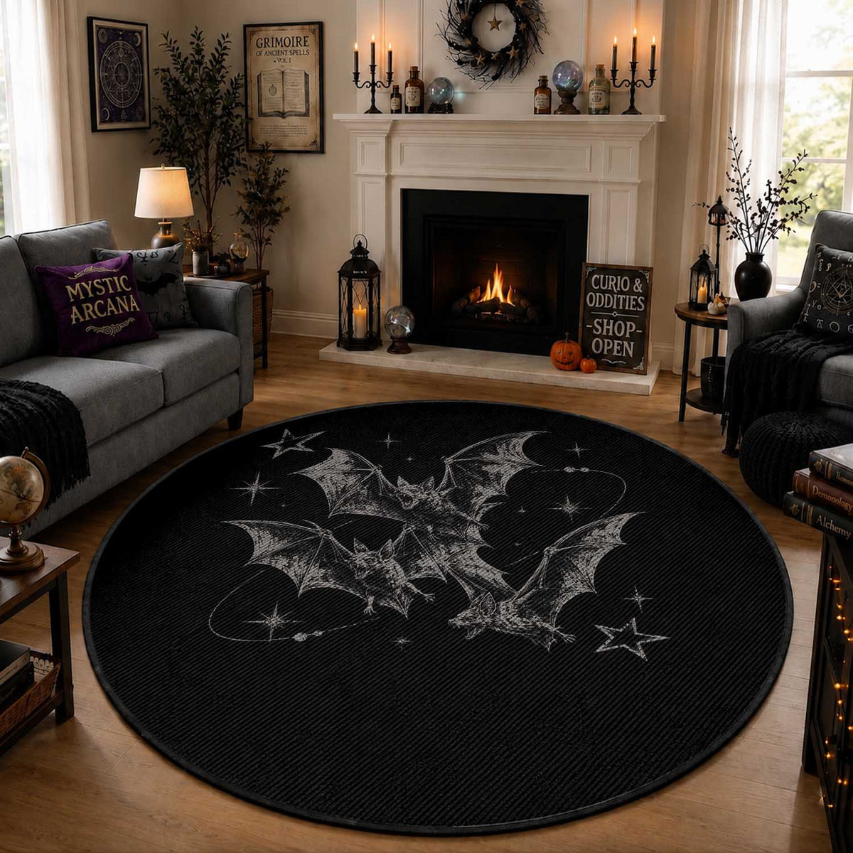 Three Bats Y2k Round Rug Vintage 90s Style Bat Gothic Occult Halloween Bat Graphic