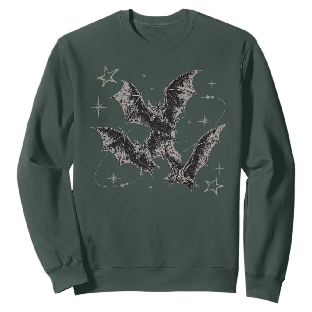 Three Bats Y2k Sweatshirt Vintage 90s Style Bat Gothic Occult Halloween Bat Graphic TS10 Dark Forest Green Print Your Wear