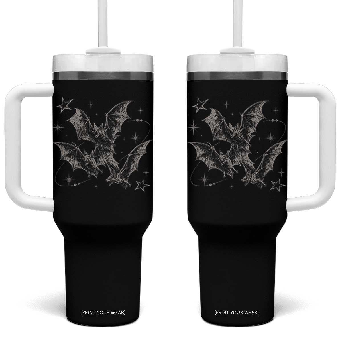 Three Bats Y2k Tumbler With Handle Vintage 90s Style Bat Gothic Occult Halloween Bat Graphic TS10 One Size: 40 oz Black Print Your Wear