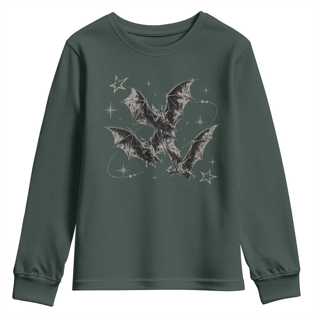 Three Bats Y2k Youth Sweatshirt Vintage 90s Style Bat Gothic Occult Halloween Bat Graphic TS10 Dark Forest Green Print Your Wear