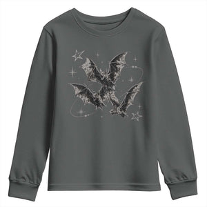 Three Bats Y2k Youth Sweatshirt Vintage 90s Style Bat Gothic Occult Halloween Bat Graphic TS10 Dark Heather Print Your Wear