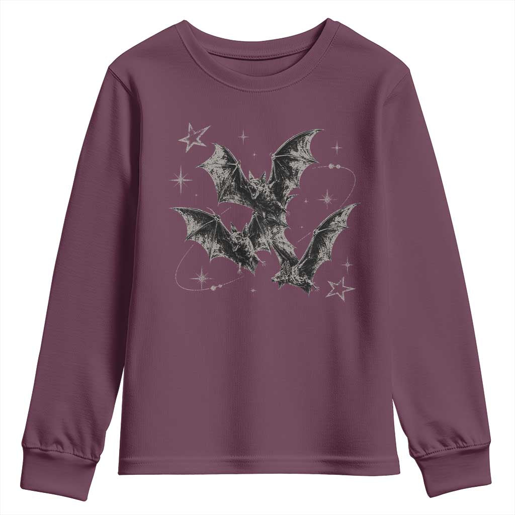 Three Bats Y2k Youth Sweatshirt Vintage 90s Style Bat Gothic Occult Halloween Bat Graphic TS10 Maroon Print Your Wear