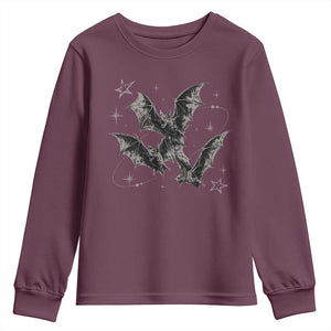 Three Bats Y2k Youth Sweatshirt Vintage 90s Style Bat Gothic Occult Halloween Bat Graphic TS10 Maroon Print Your Wear