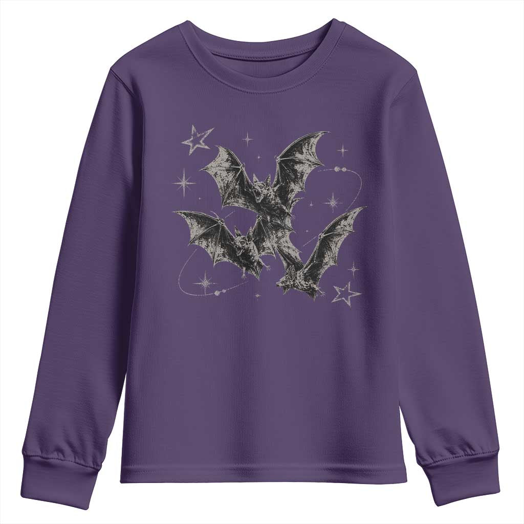 Three Bats Y2k Youth Sweatshirt Vintage 90s Style Bat Gothic Occult Halloween Bat Graphic TS10 Purple Print Your Wear