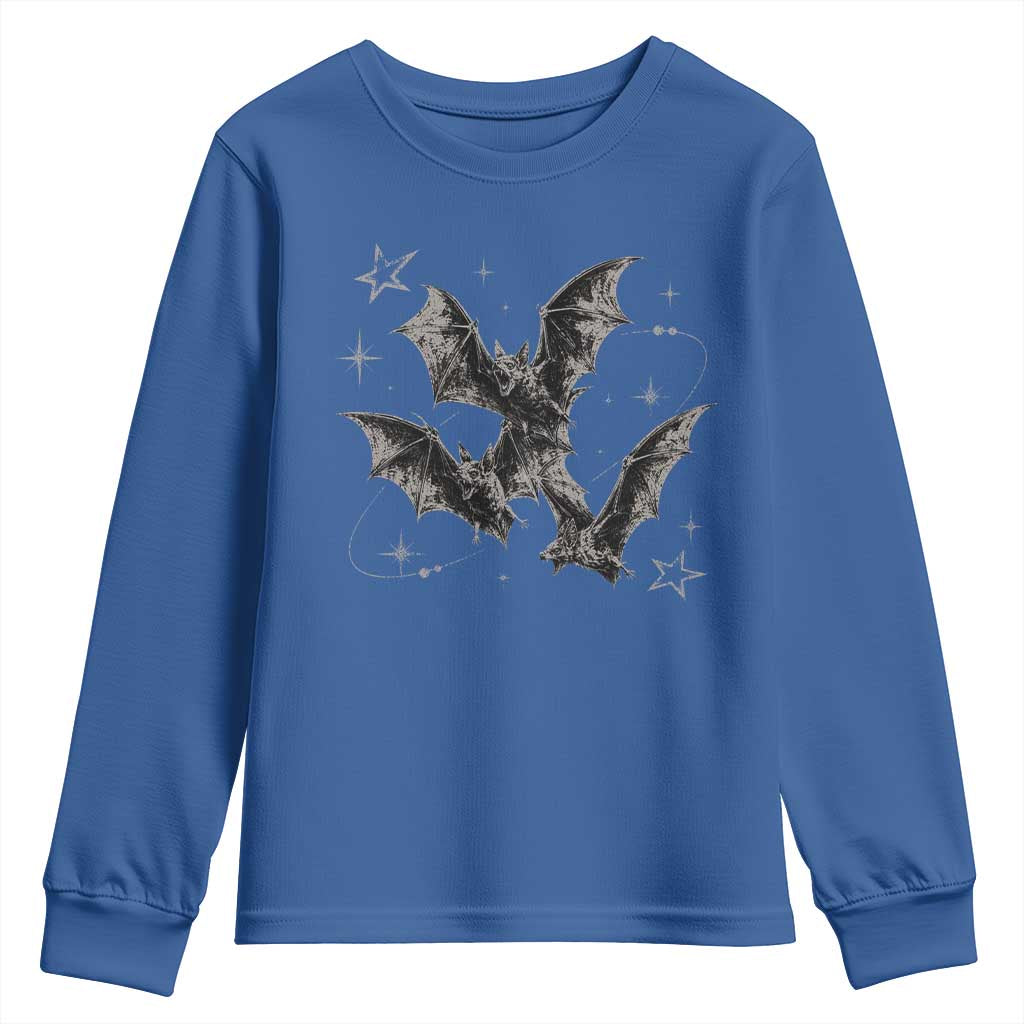 Three Bats Y2k Youth Sweatshirt Vintage 90s Style Bat Gothic Occult Halloween Bat Graphic TS10 Royal Blue Print Your Wear