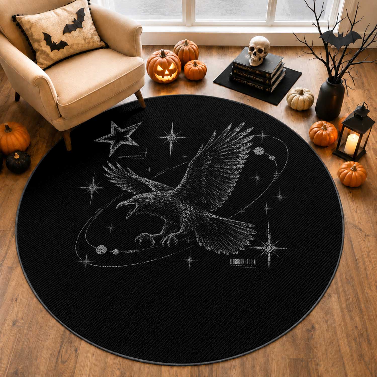 Raven Crow Y2k Round Rug Gothic Cyber Sigilism Occult Dark Academia Black Bird Graphic