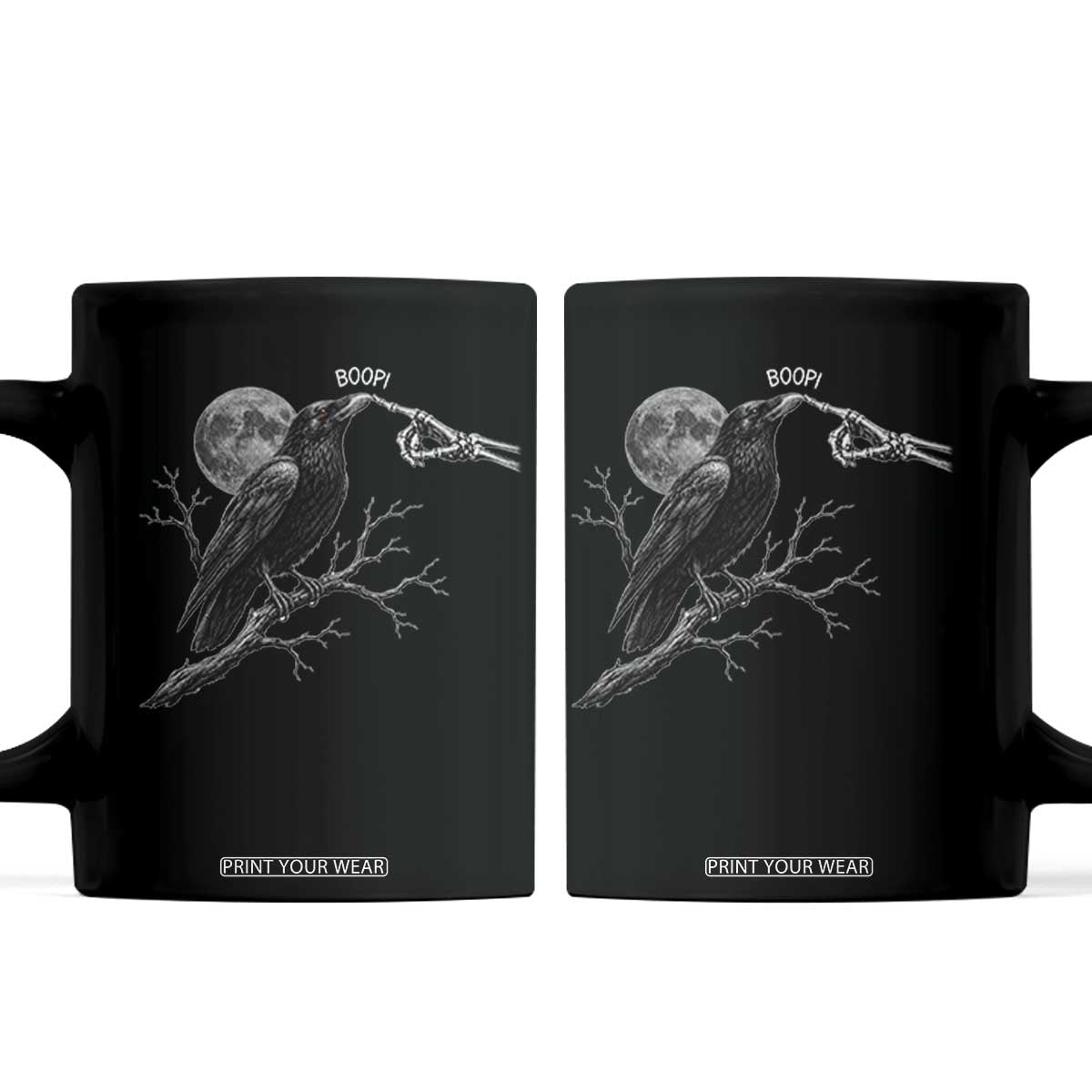 Skeleton Hand Boop Raven Coffee Mug Funny Spooky Halloween Crow Moon Graphic TS10 Black Print Your Wear