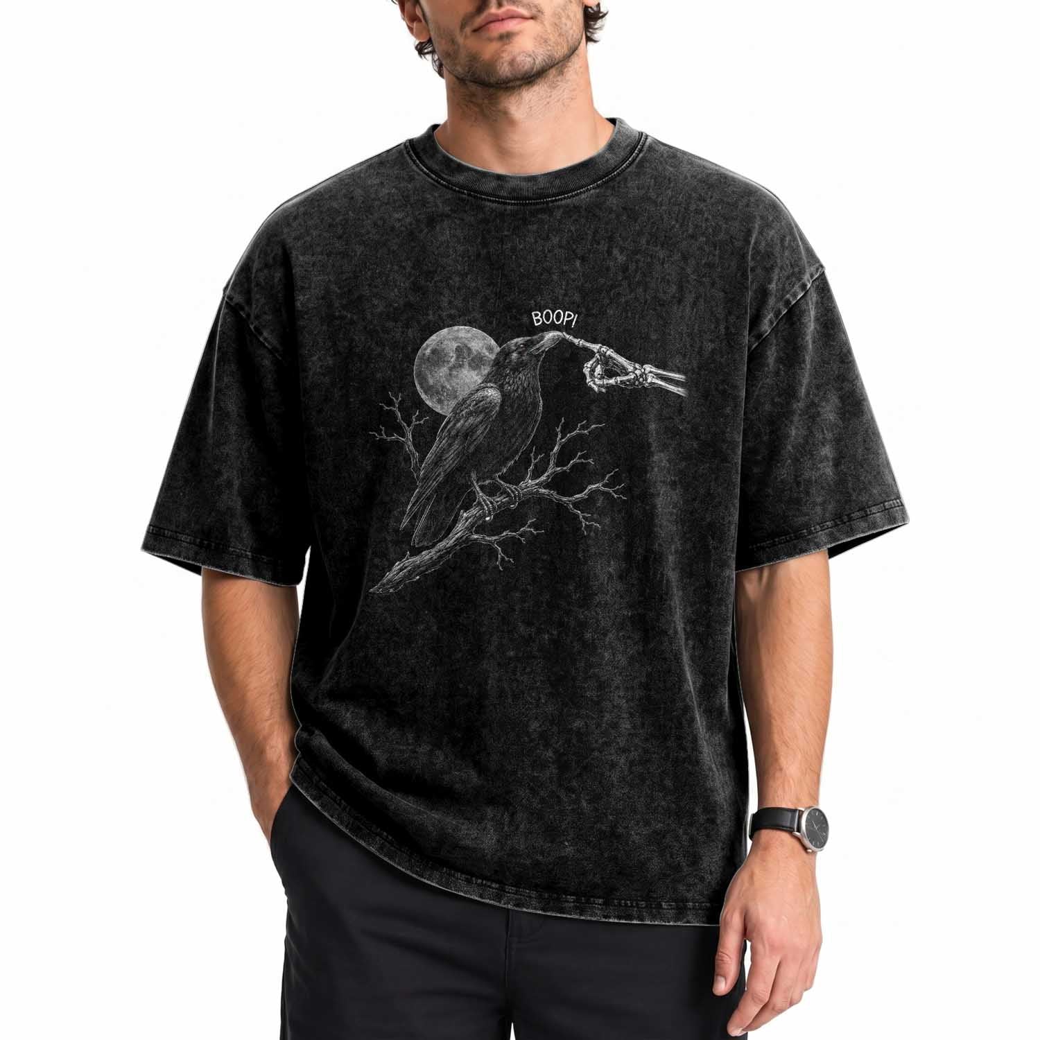 Skeleton Hand Boop Raven Washed Cotton T-Shirt Funny Spooky Halloween Crow Moon Graphic
