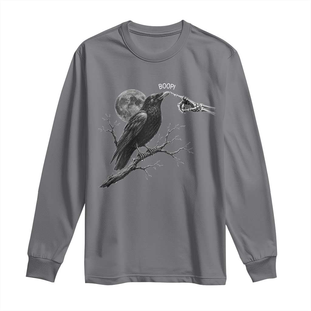 Skeleton Hand Boop Raven Long Sleeve Shirt Funny Spooky Halloween Crow Moon Graphic TS10 Charcoal Print Your Wear