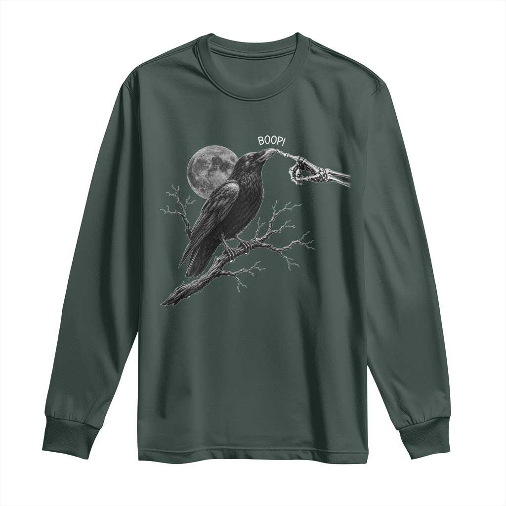 Skeleton Hand Boop Raven Long Sleeve Shirt Funny Spooky Halloween Crow Moon Graphic TS10 Dark Forest Green Print Your Wear