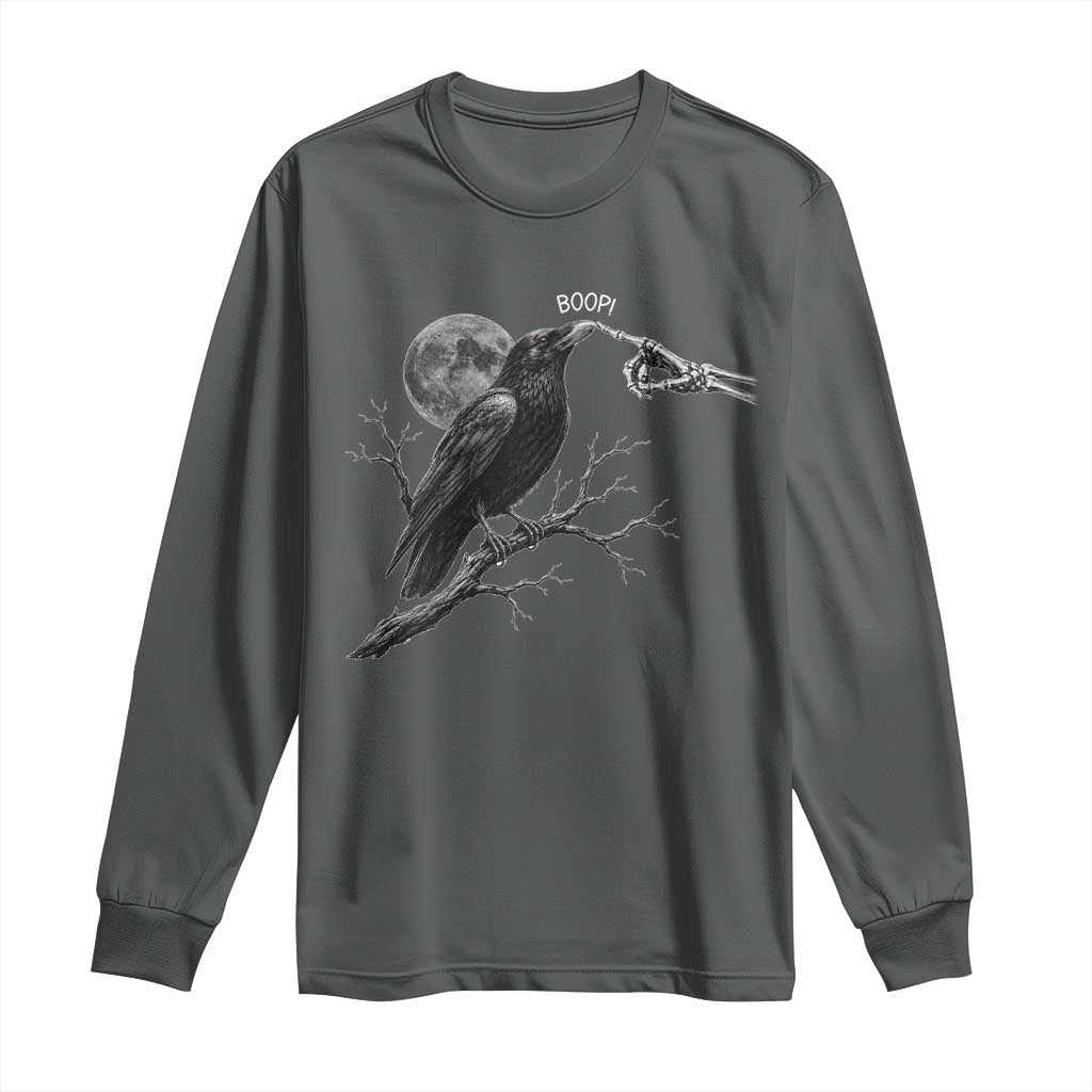 Skeleton Hand Boop Raven Long Sleeve Shirt Funny Spooky Halloween Crow Moon Graphic TS10 Dark Heather Print Your Wear