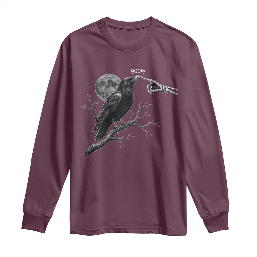 Skeleton Hand Boop Raven Long Sleeve Shirt Funny Spooky Halloween Crow Moon Graphic TS10 Maroon Print Your Wear