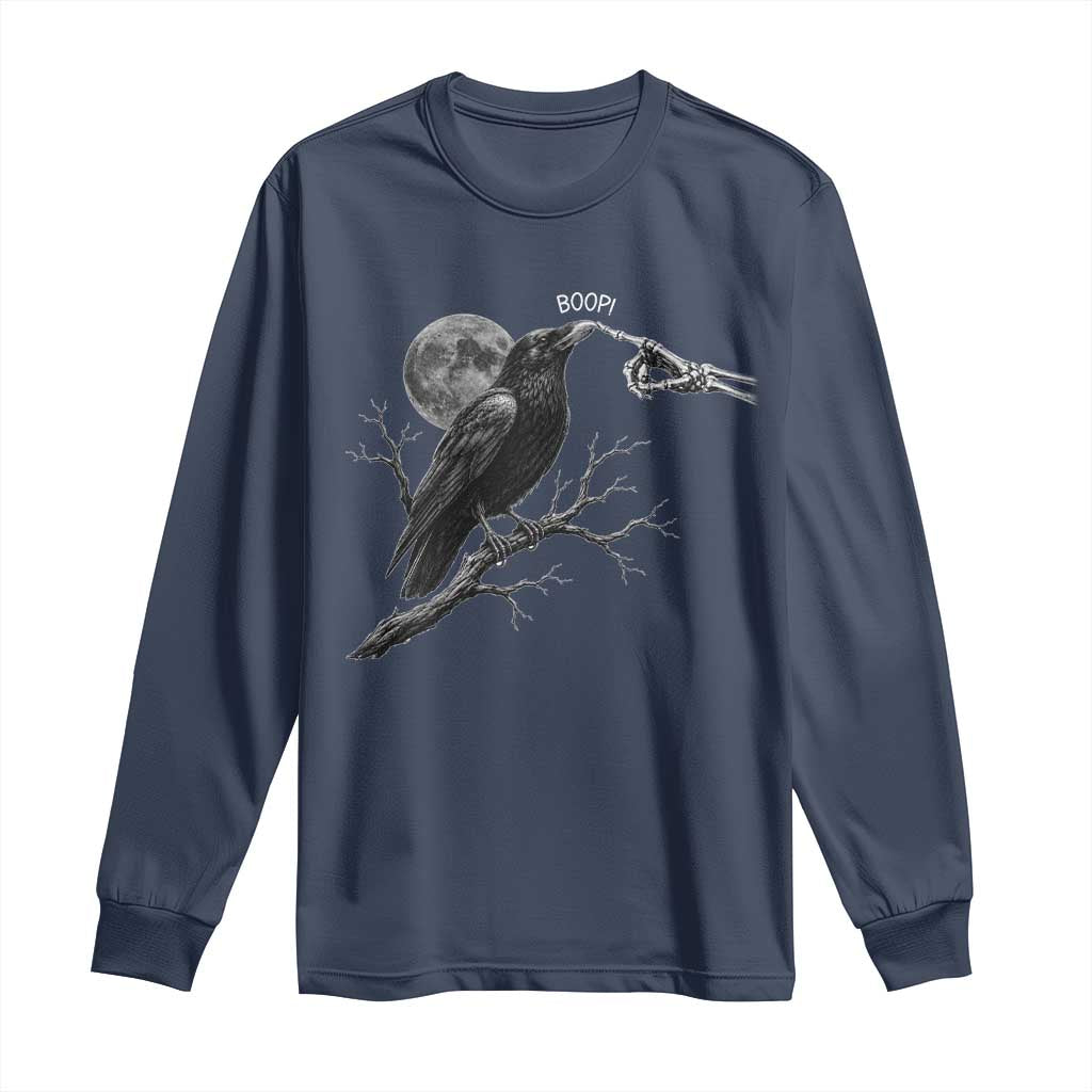 Skeleton Hand Boop Raven Long Sleeve Shirt Funny Spooky Halloween Crow Moon Graphic TS10 Navy Print Your Wear