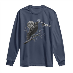 Skeleton Hand Boop Raven Long Sleeve Shirt Funny Spooky Halloween Crow Moon Graphic TS10 Navy Print Your Wear