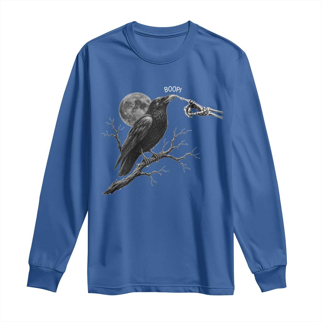 Skeleton Hand Boop Raven Long Sleeve Shirt Funny Spooky Halloween Crow Moon Graphic TS10 Royal Blue Print Your Wear