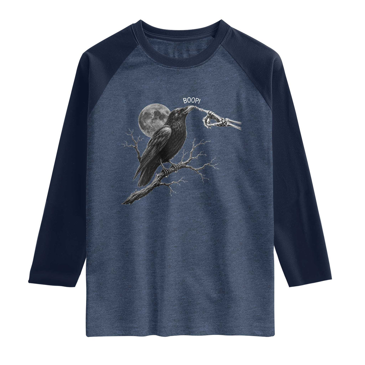 Skeleton Hand Boop Raven Raglan Shirt Funny Spooky Halloween Crow Moon Graphic TS10 Heather Denim Navy Print Your Wear